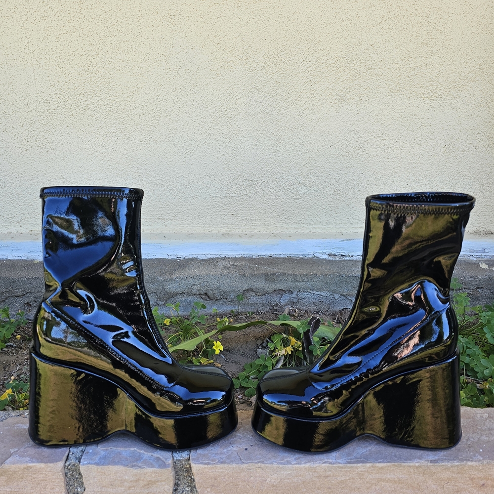 Platform Patent Leather Ankle Boots - Black